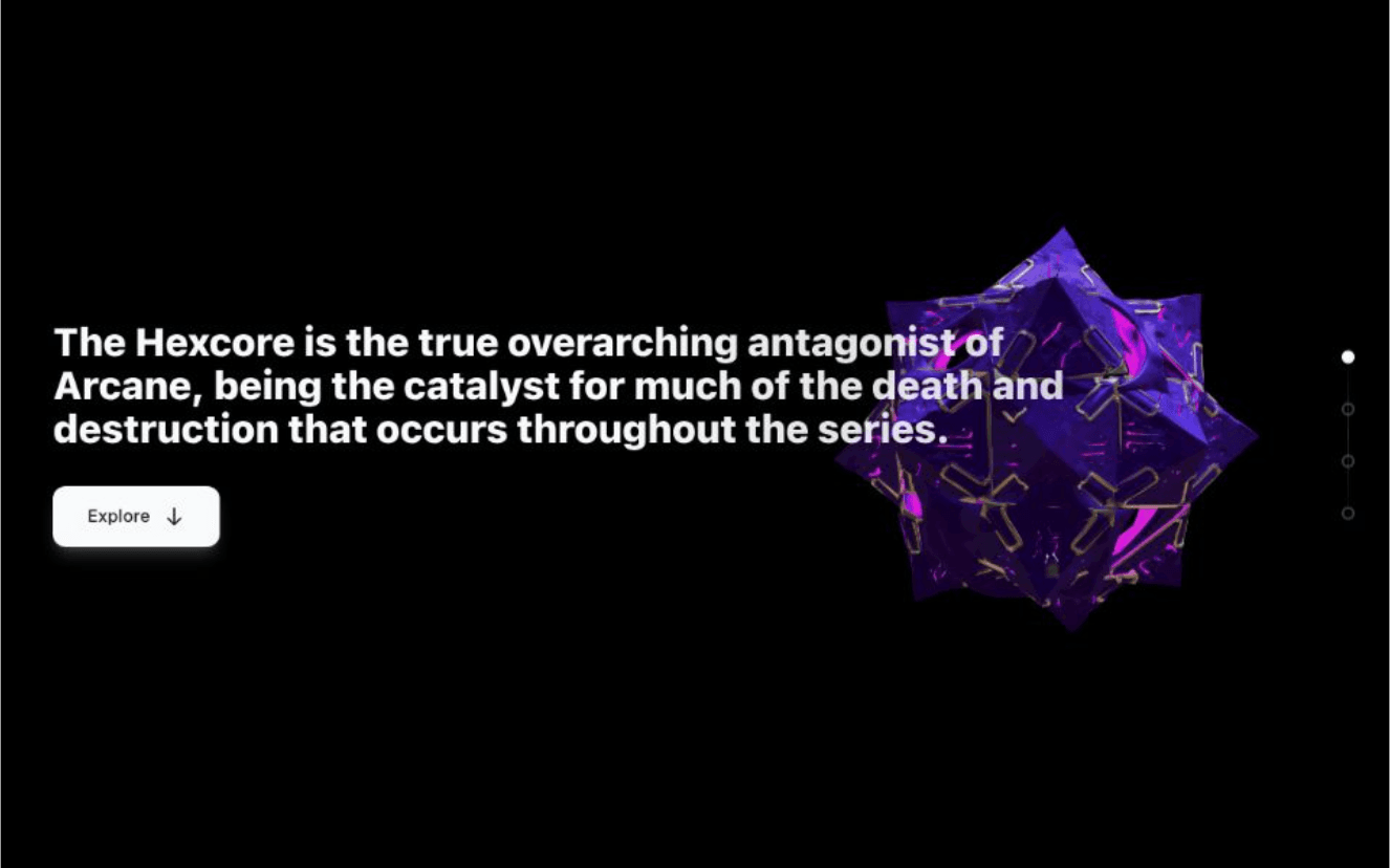 Hex CORE ARCANE concept scroll base animated web site